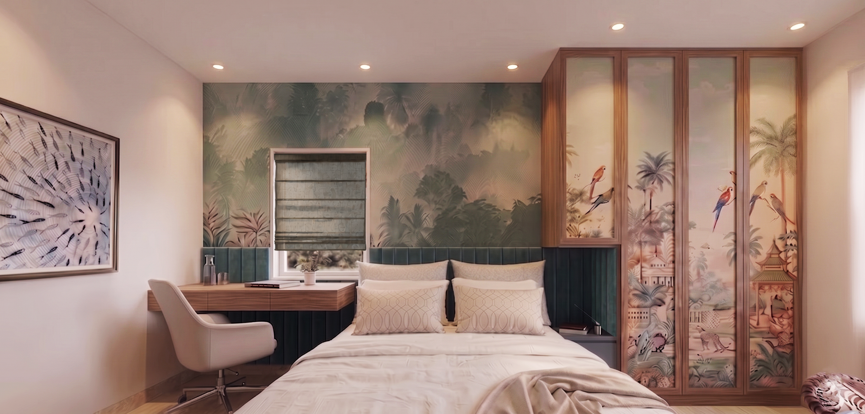 Residential bedroom with chinoiserie mural